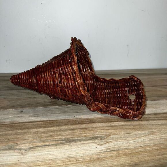Vintage Mid Century Cornucopia Wicker Basket Brown Serving Tray Wall Pocket - Picture 1 of 7
